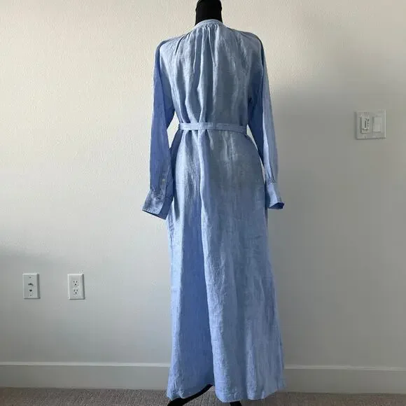 J Crew Cabana Linen Dress Size Small Blue Long Sleeve Pockets Flaw - Picture 6 of 15